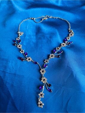 Silver Tone Floral Necklace with Deep Purple Crystal Accents - Women Jewelry